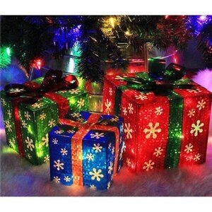 Set of 3 Lighted Gift Boxes Christmas Decorations, Red Green and Blue Present